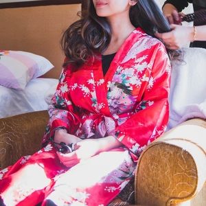 Red Kimono Bathrobe Silky Peacock Robe